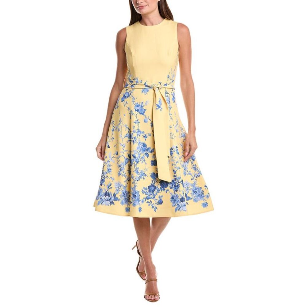 Teri Jon By Rickie Freeman Womens Crepe Floral Border Print Belted Dress,